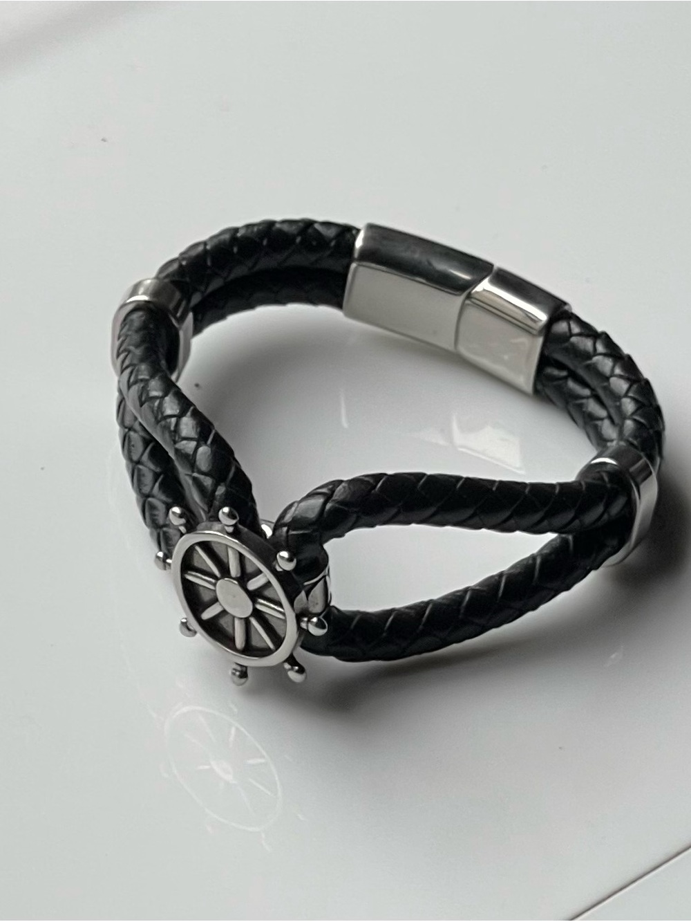 Men's Black Braided Leather Bracelet with Silver Ship Wheel Accent